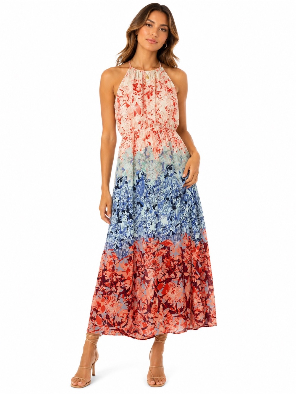 NWT‎ H&M Size 6 Floral Ombre Halter Maxi Dress in Coral & Blue